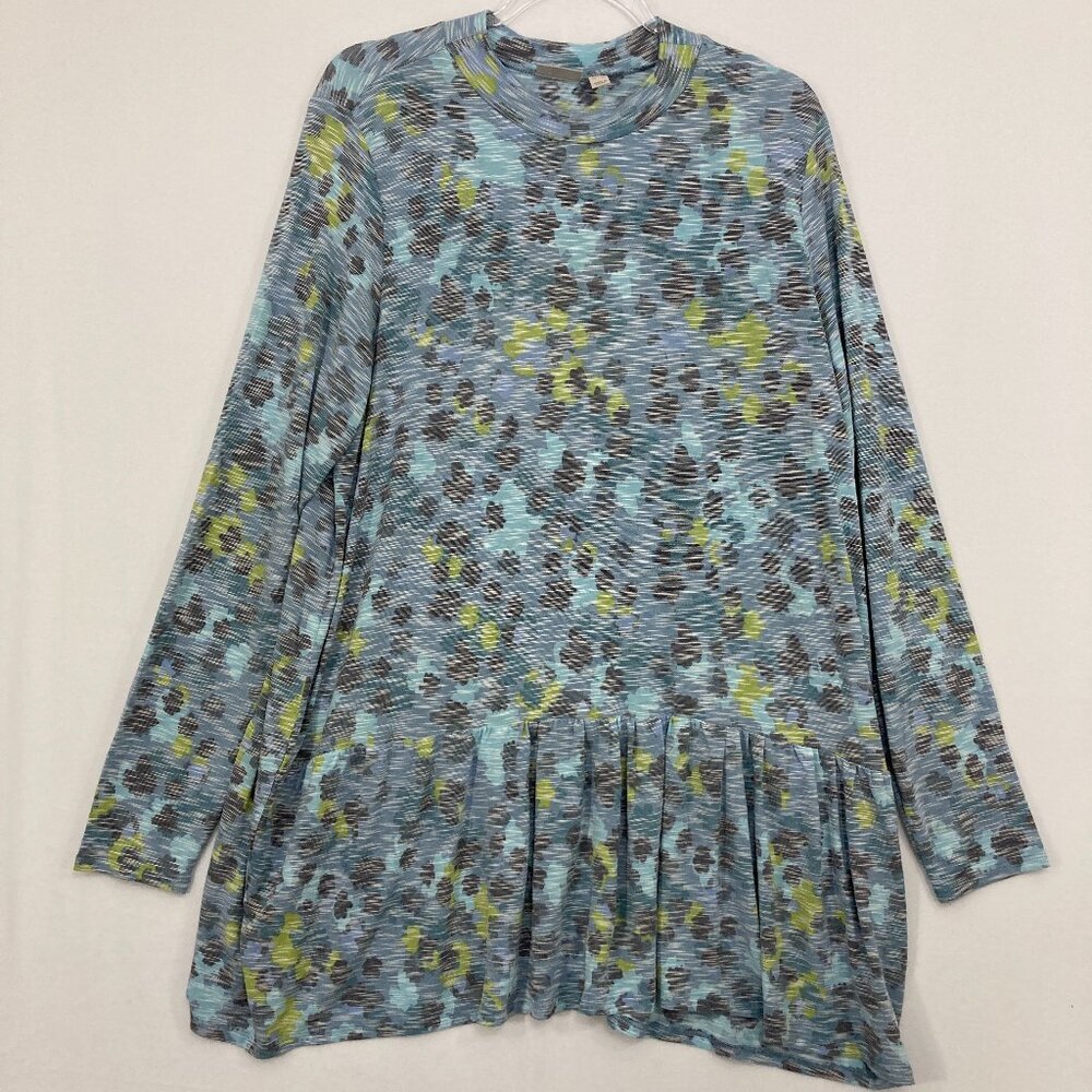 LOGO Lori Goldstein size XL‎ Blue Gray Yellow High Neck Stretch Ruffle Hem Tunic